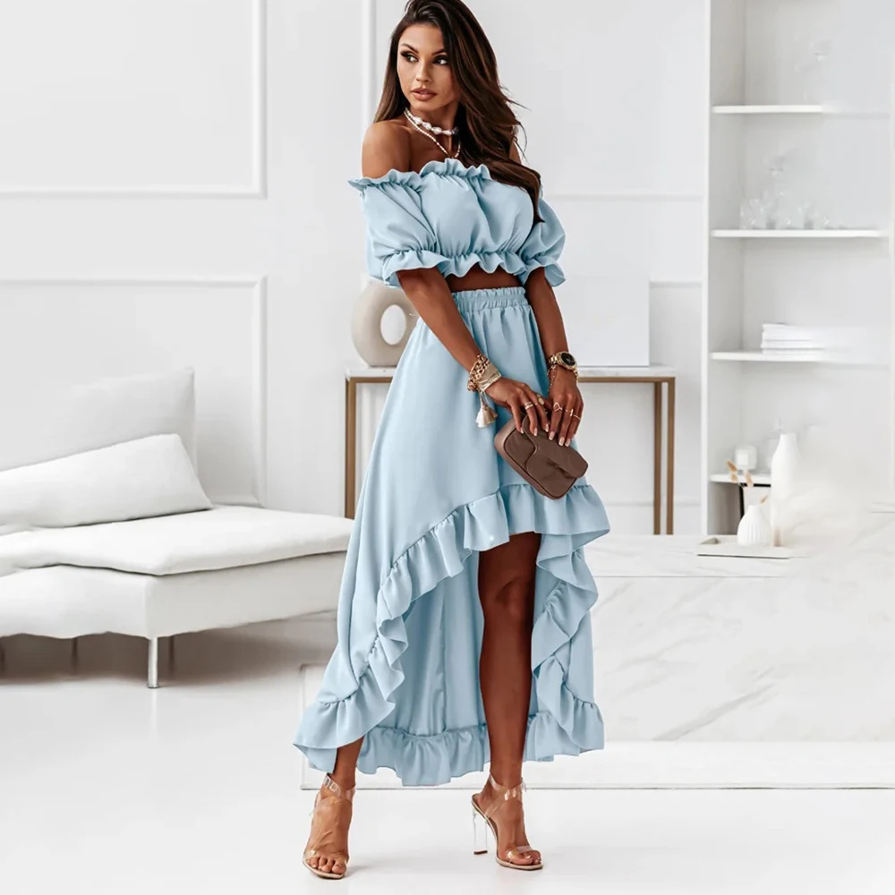 Summer Elegant Ruffled Backless Dress Sets Women Fashion Puff Sleeve Strapless Elastic Two Pieces Ladies Maxi Dresses Robe Femme