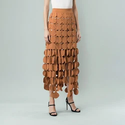 Patchwork Tassel Hem Midi Skirt For Women High Waist Solid Minimalist Long Skirts Female Fashion Spring Clothing 2024 Style