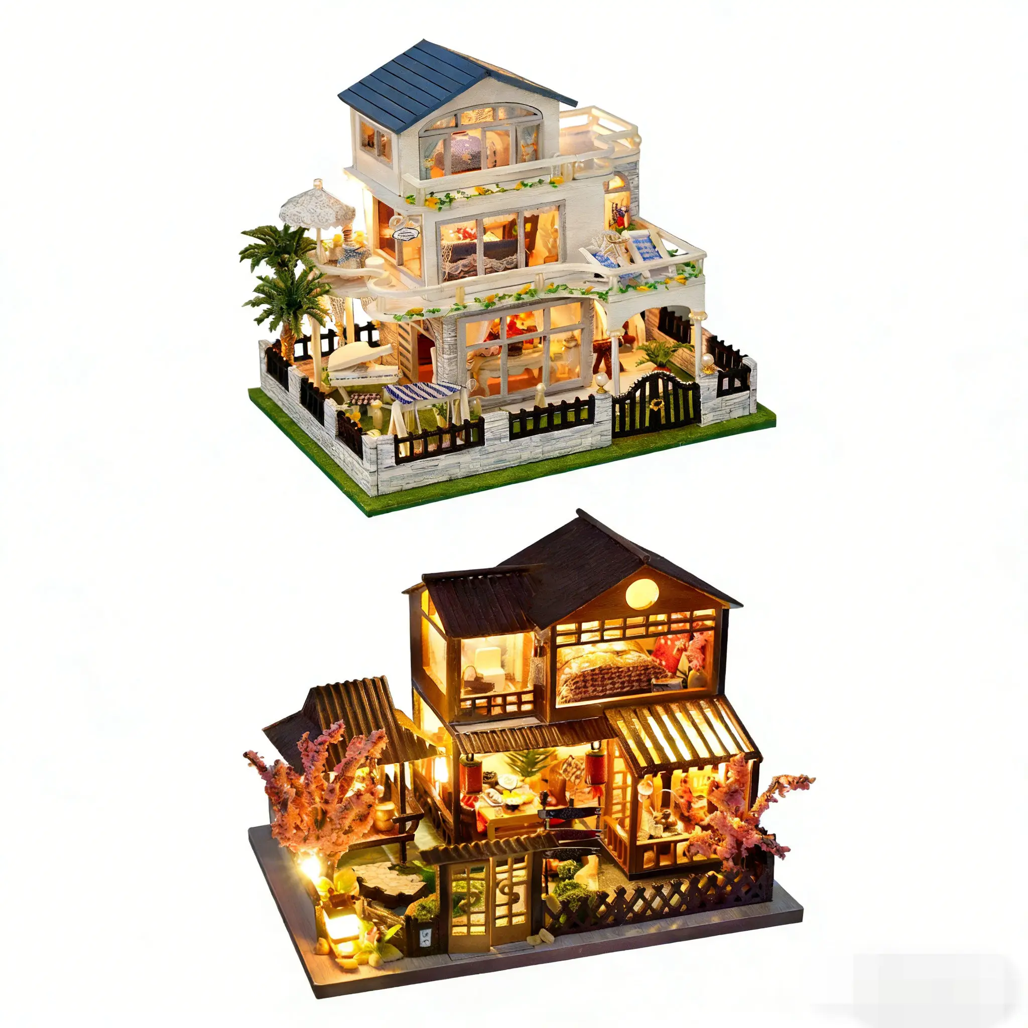 2-in-1 DIY木製ミニチュアハウスキット-ライトアップ手作り3Dパズルクリエイティブトイ、内装詳細付き、卸売に最適なギフト