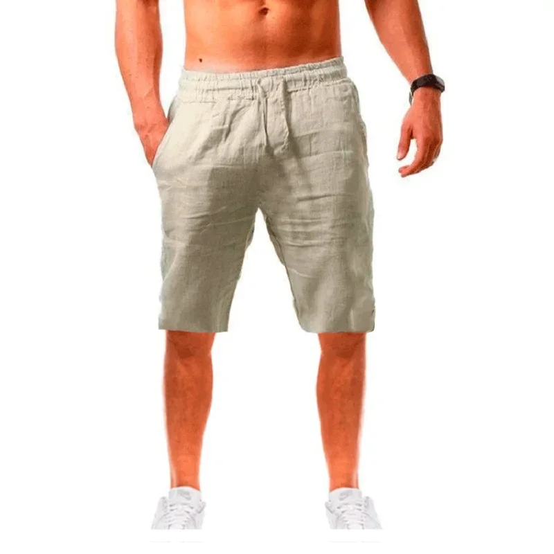 Kurze Hosen aus Baumwollleinen für Herren, leichte hawaiianische Sommershorts, atmungsaktiv, einfarbig, lässige kurze Hosen