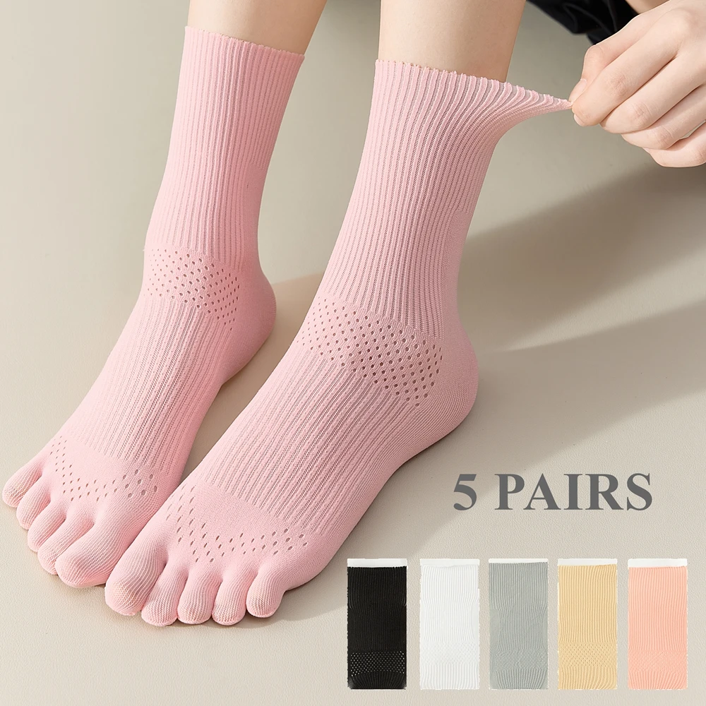 5 Pairs Summer Toe Socks Women Mesh Thin Five Finger Socks Ladies Middle Tube Hollow Out Socks Sports