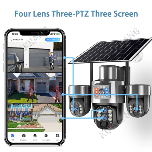 Imagen 2 del producto Cámara Solar 4G Sim de 20MP, WiFi, Zoom óptico 10X, 3-PTZ, 4 lentes, 3 pantallas, cámaras de seguridad inalámbricas para exteriores, seguimiento automático CCTV V380