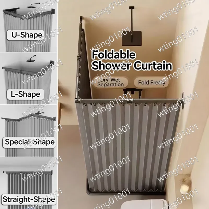 Foldable Shower Curtain Rod Retractable Folding Rod Waterproof Bathroom Privacy Curtain for Wet Dry Separation