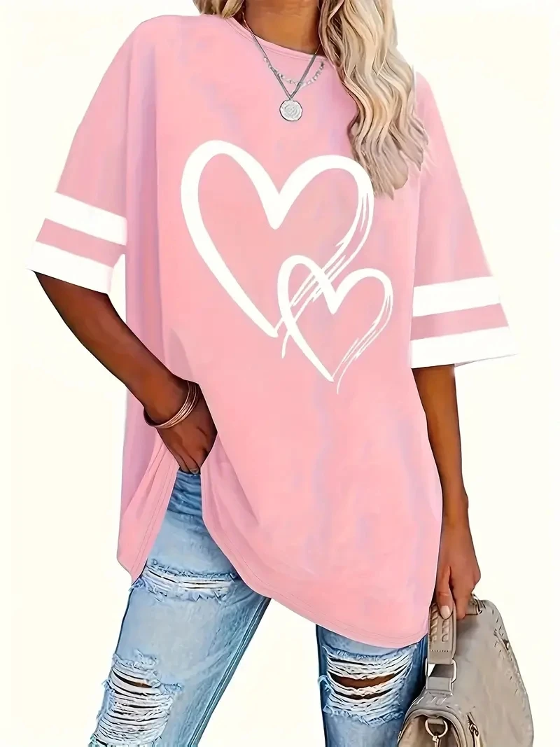 Plus Size Heart Print T-Shirt Casual Crew Neck Short Sleeve T-Shirt Women's Plus Size Clothing