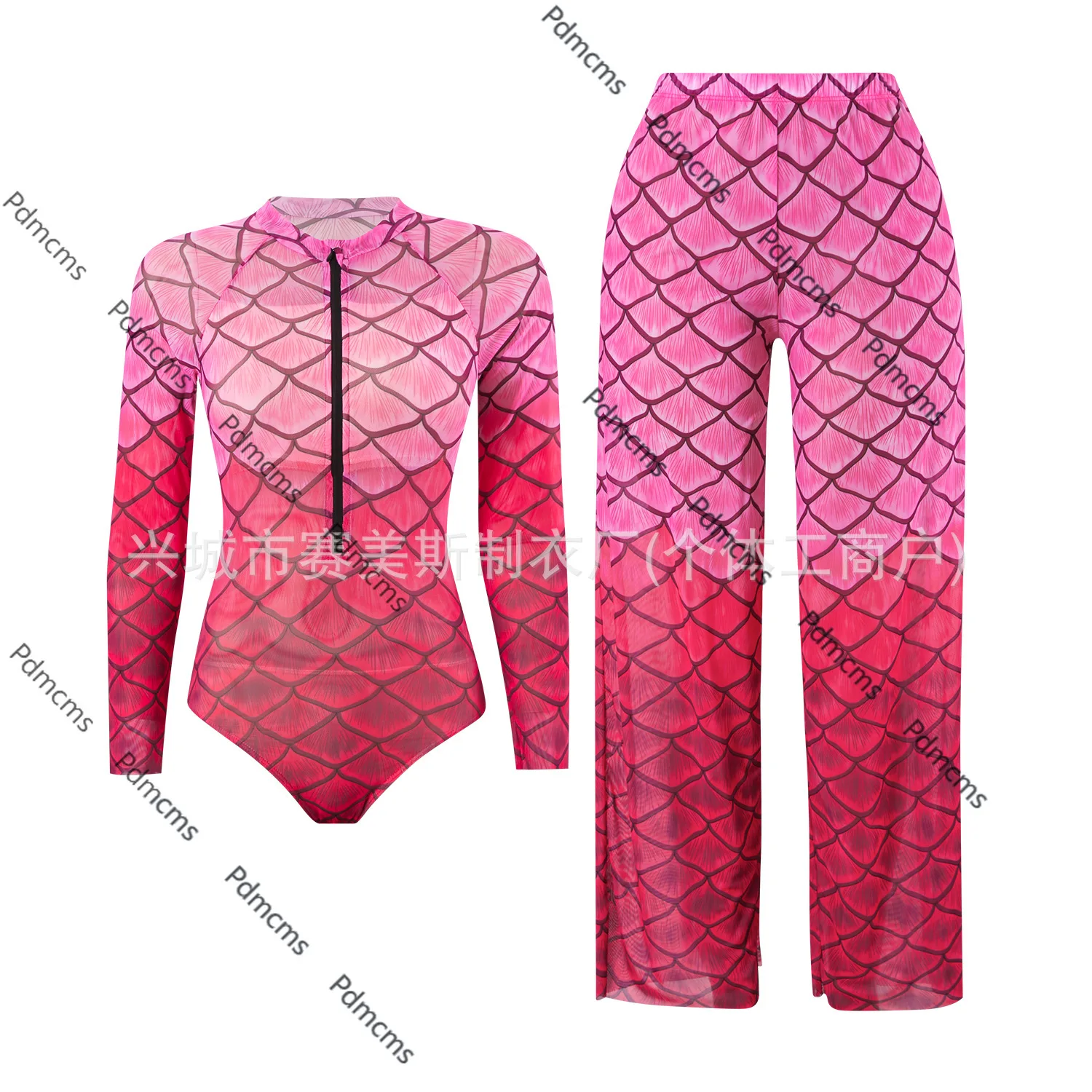 

2025 new Russian sunscreen mesh long-sleeved one-piece swimsuit set fish scale zipper упальник bikini