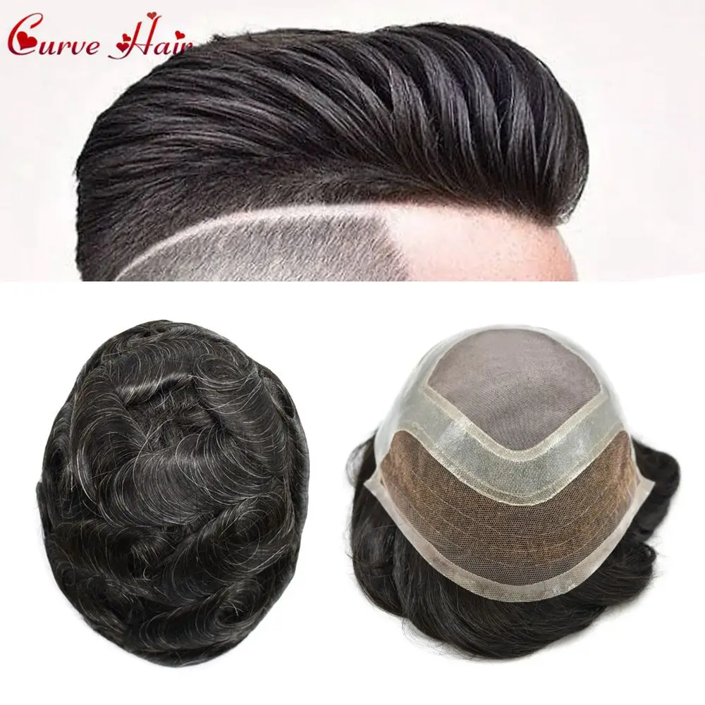 

Lace Front Toupee for Men Hand Tied Human Hair Replacement System Black Grey Brown Male Hair Prosthesis Mono PU Wigs for Men