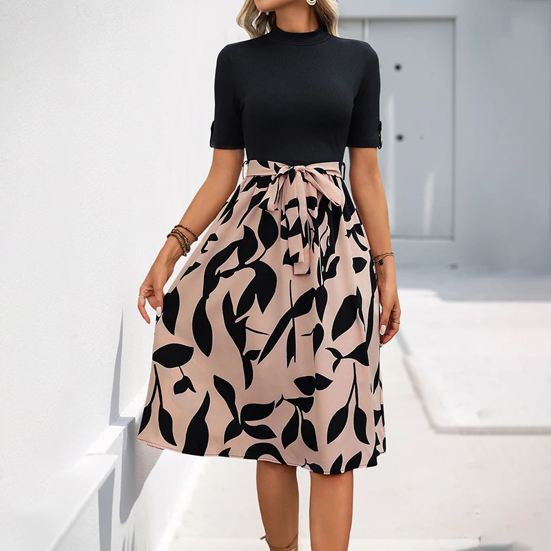 

Women's Black Pink Leaf Print Mock Neck Elbow Sleeve Color Block Tie Waist Midi Dress Office Party Casual Daily Fashion Slim Fit