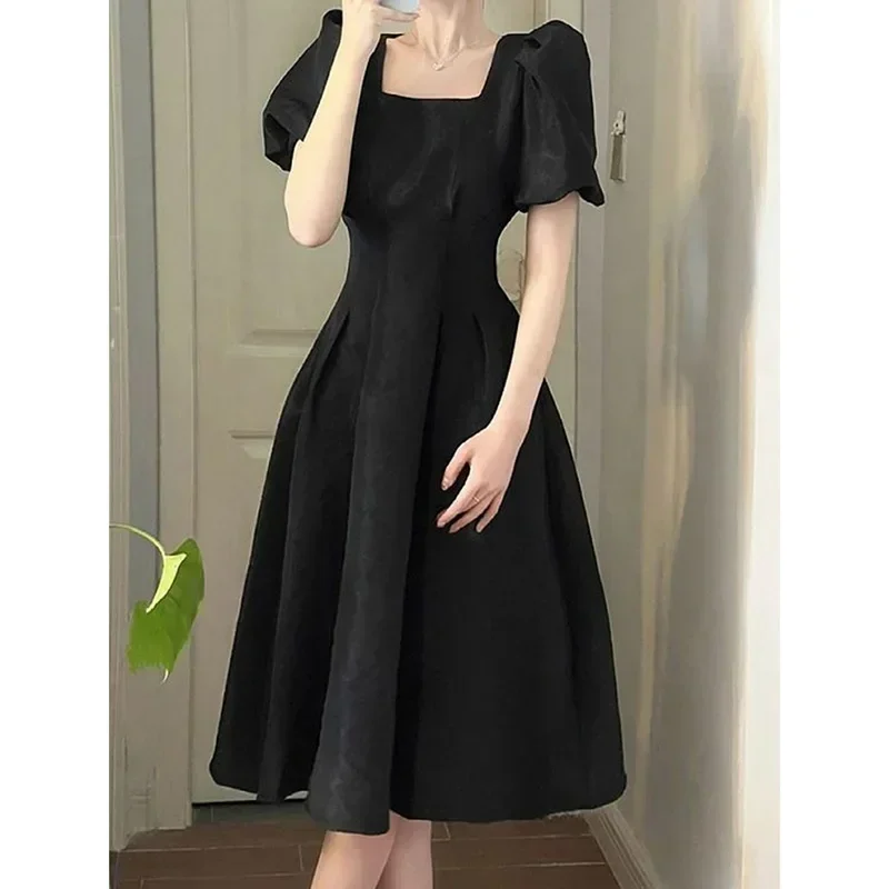 

Korean Puff Sleeve Dress - Elegant Square Neck Slim Fit Skirt, Women's White & Black Draped Party Dress for Sweet Style