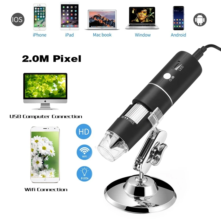 Adjustable 1000X Magnification Camera 2MP 1080P HD Wireless USB Digital WIFI Laboratory Microscope