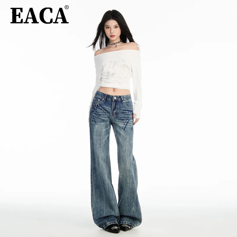 EACA Retro Straight Cylinder Low Waist Crack Loose Micro Cropped Jeans Women 2025 Spring And Autumn New Fashion