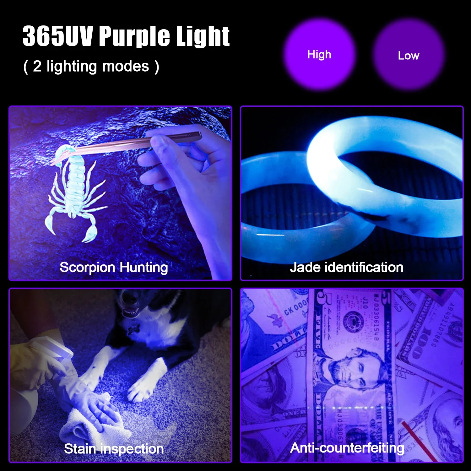 365nm UV LED and P70 quad-core white light torch Flashlight Ultraviolet Light 3 Modes Zoomable Torch Pet Urine Stains Scorpion