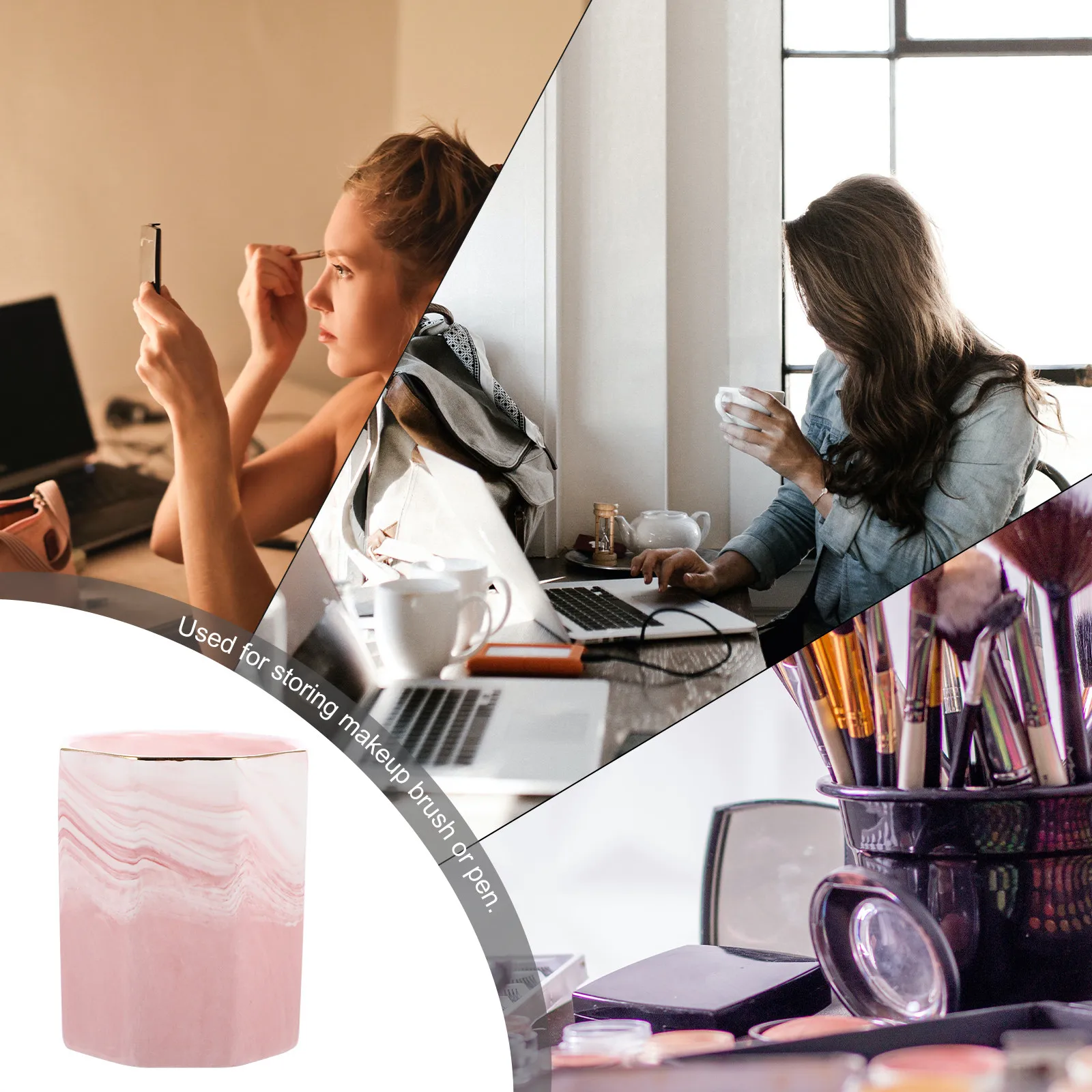 Makeup Brush Holder Marble Ceramic Stylish Brush Organizer Cup Desktop Desk Stationery and Makeup Pen Holder Pencil Cup