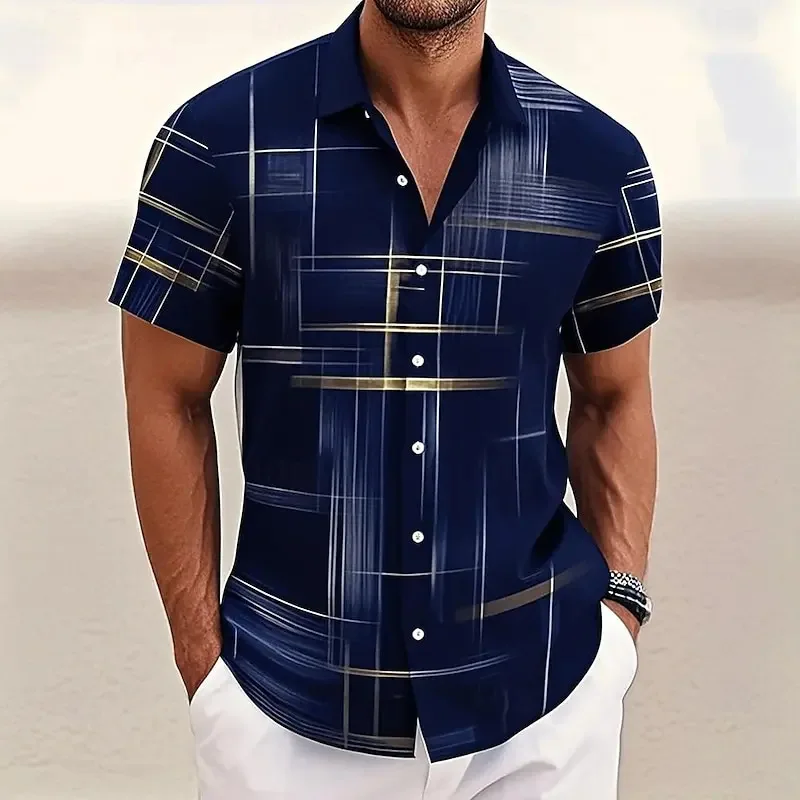 Amazon New 3D Geometric Grid Printed Men's Shirt Flax Short Sleeve Shirt  Fashion Casual Outdoor Vacation Streetwear Top S-5XL