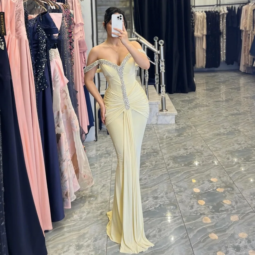 맞춤형 정장 쉬폰 플리츠 스팽글 인어 오프 숄더 롱 드레스 맞춤형 행사 연예인 우아한