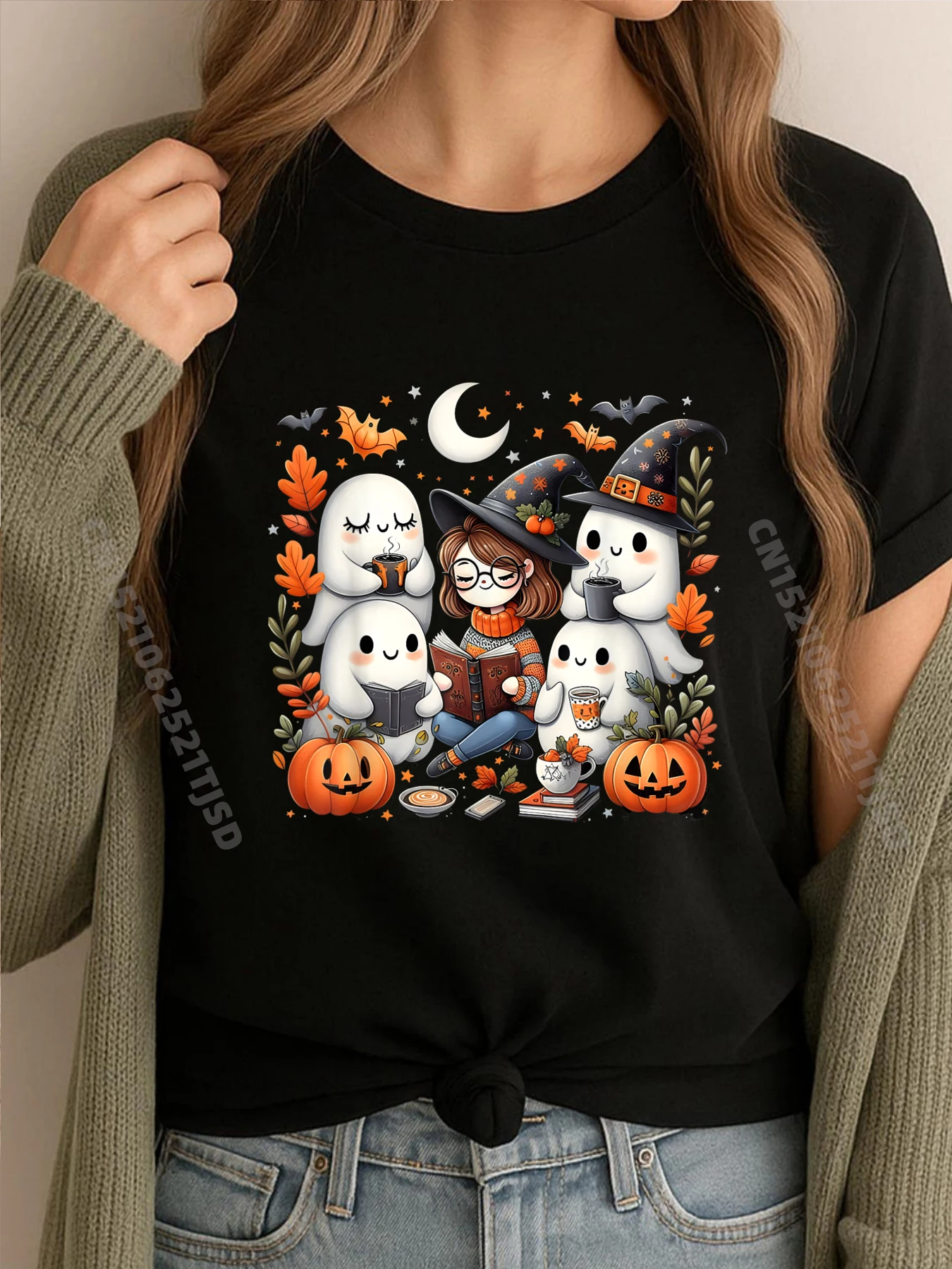 

Милый призрак питьевой кофе Хэллоуин осень призрак чтение книг мужская одежда 2025 мужские мужские подарки негабаритные уличные