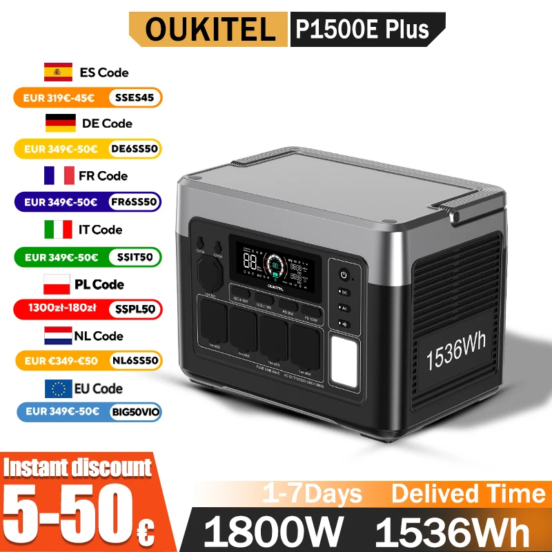 OUKITEL P1500E Plus Portable Power Station 1800W Output Power 1536Wh Capacity LiFePO4 Family Outdoor Camping Backup Powerstation