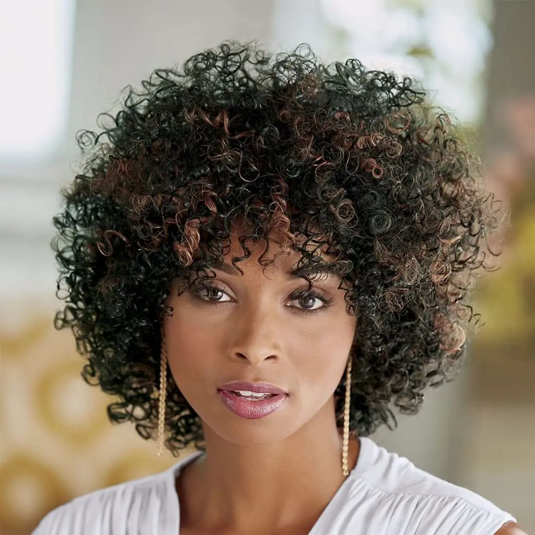 Peruca Curta Curly Afro Sintética com Franja para Mulheres Negras, Perucas Curly Kinky, Sem Cola, Peruca Completa, Resistente ao Calor