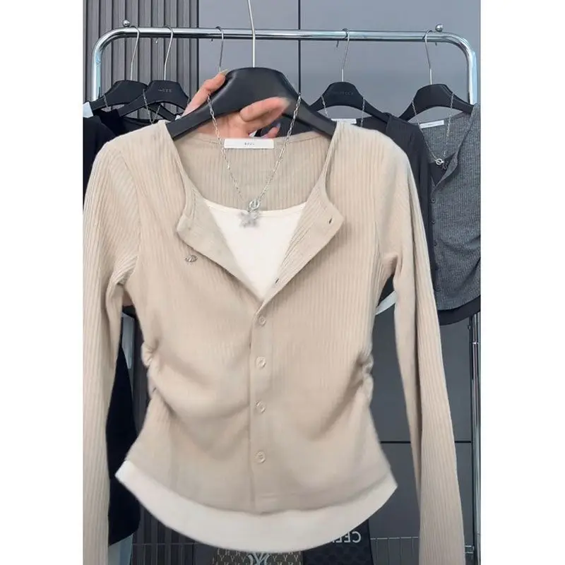 

Casual Vintage Long Sleeve Knitted T-Shirt Women Spring Conceal Meat Slimming Top Round Neck Commute 2025 Autumn Top