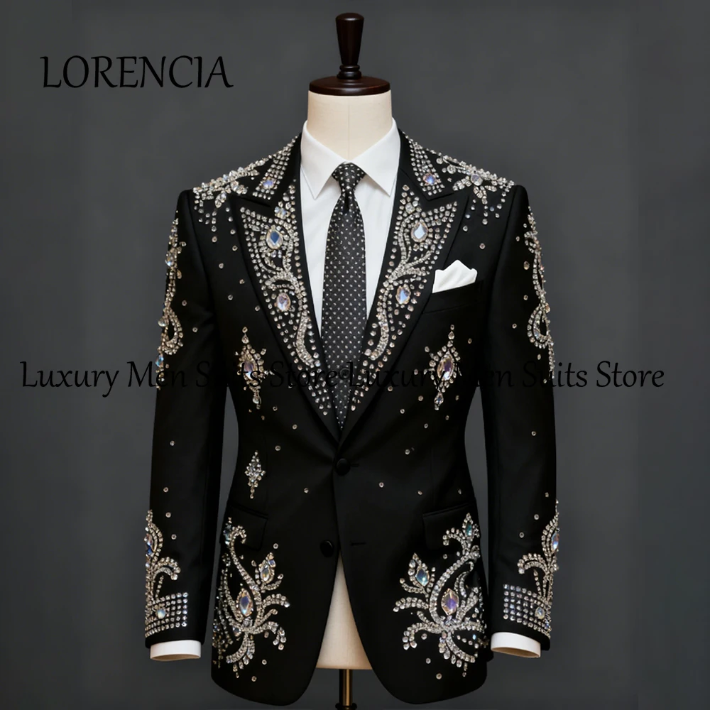 

Luxury Diamond Men Suits 2 Pieces Glitter Crystal Tuxedos Evening Party Outfits 2025 Customized Blazer Pants trajes para hombre