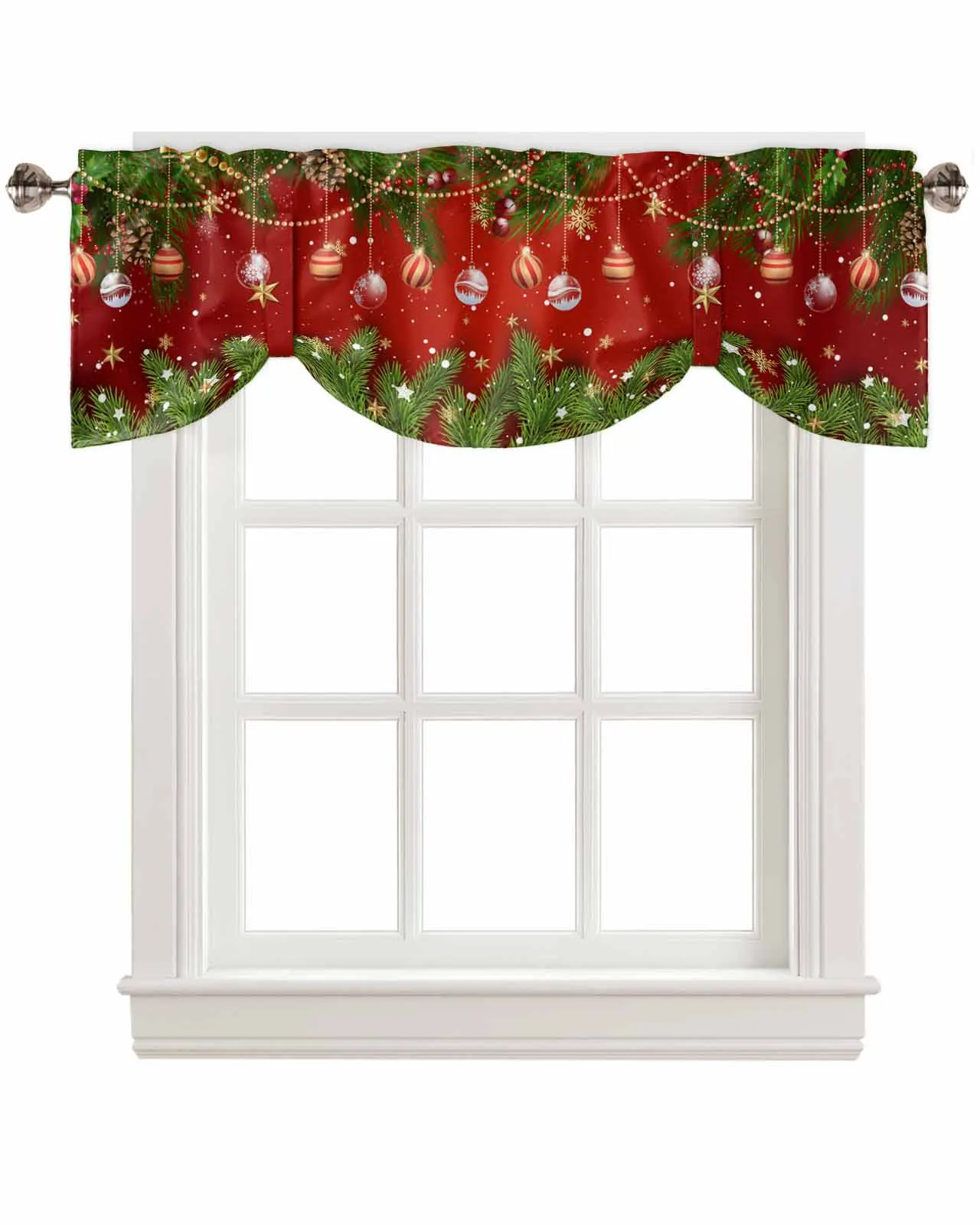 Christmas Light Balls Pine Branches Window Curtain Living Room Kitchen Cabinet Tie-up Valance Curtain Rod Pocket Valance