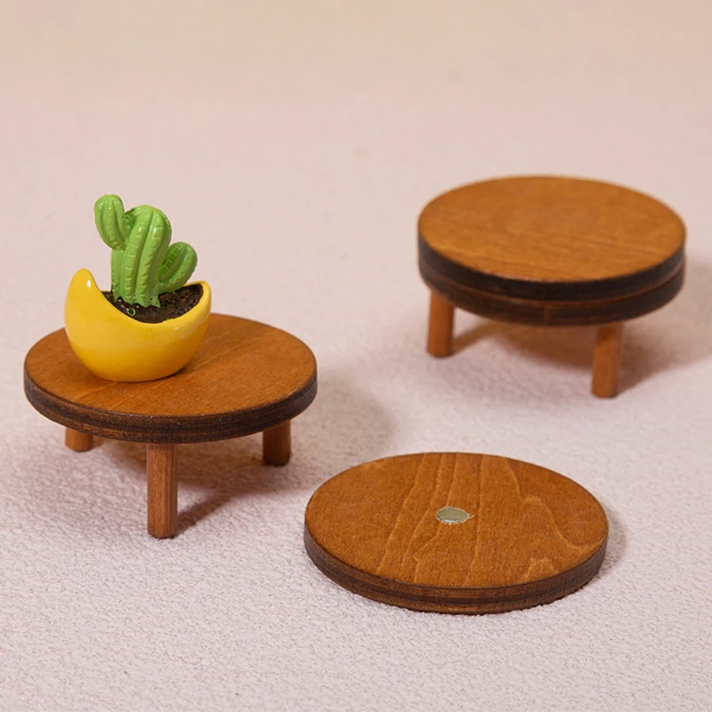 1:12 Dollhouse Miniature Mini Wooden Magnetic Round Table Coffee Table Simulation Table Furniture Toys Doll House Accessory Gift