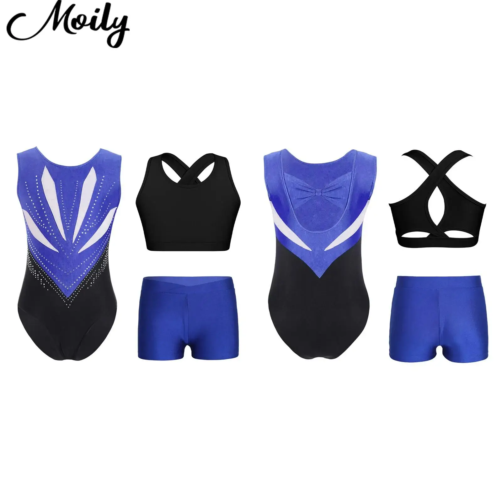 

2025 Kids Rhythmic Dance Sets Girls Bowknot Cutout Back Rhinestones Leotard+Vest+Shorts Ballet Skating Gymnastics Stage Outfits