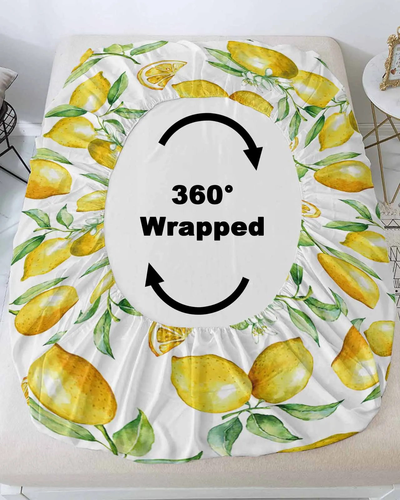 Watercolor Lemon Fruit Fitted Bed Sheet Cover Elastic Band Anti-slip Mattress Protector for Single Double King