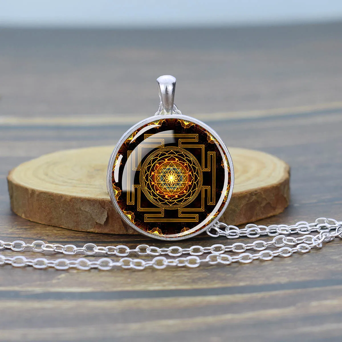 Sri Yantra Mandala Glass Necklace Sacred Geometry Pendant Silver Color Chain Necklace Buddhist Symbol Jewelry Spiritual Gift