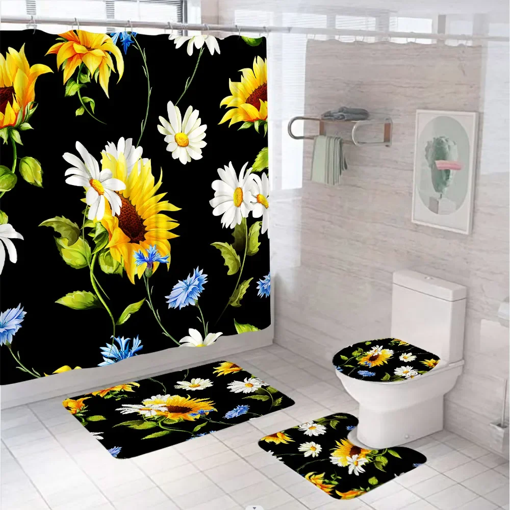 Autumn Sunflower Daisy Shower Curtain Set Blooming Flower Floral Leaves Bathroom Curtains Non-Slip Rug Bath Mat Lid Toilet Cover