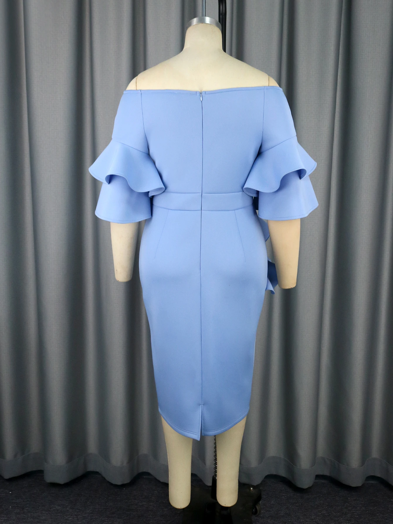 AOMEI Women Party Dress Birthday Bodycon Elegant Blue Ruffle Sleeves Bow O Neck Slim Celebrate Cocktail Event Cute Plus Size 4XL