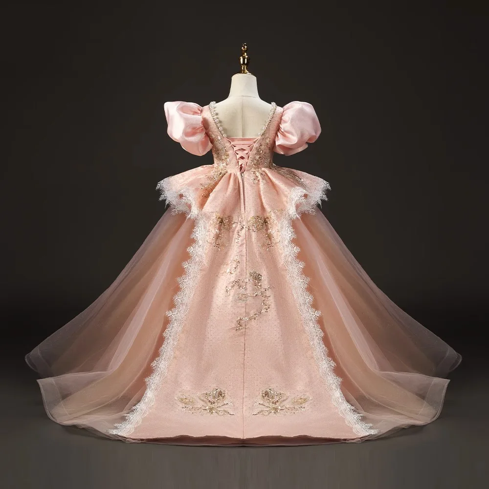 Robe de princesse en dentelle perlée pour enfants, robes de demoiselle d'honneur roses, robe de reconstitution historique à lacets dans le dos, broderie, première communion, image réelle