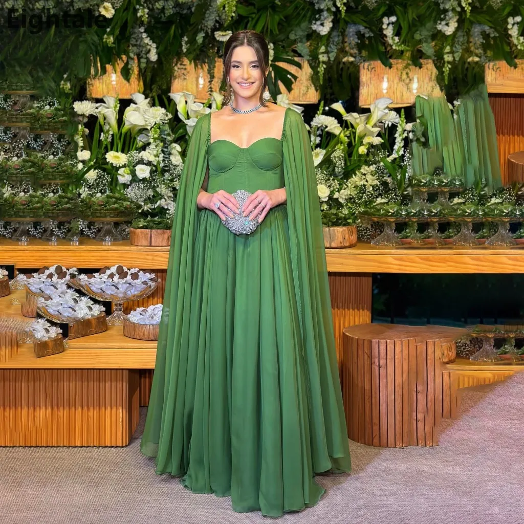 エイトレ 2025 グリーン Aライン シフォン マキシ丈 イブニングドレス ケープスリーブ サウジアラビア風 プロムドレス ドバイ パーティーガウン カスタムメイド
