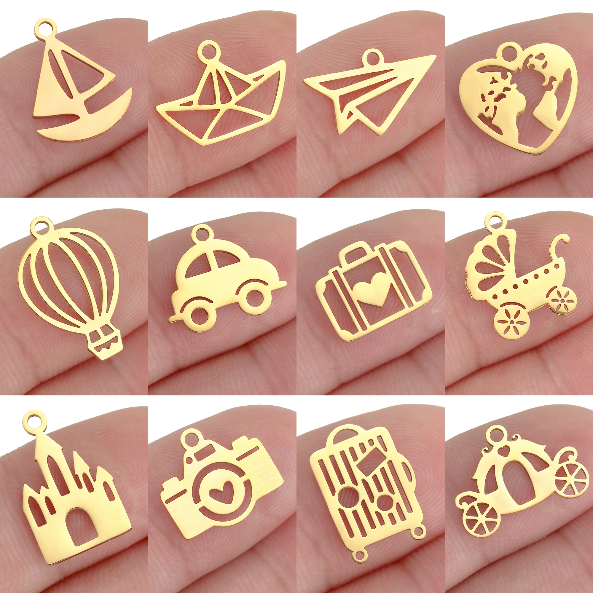 5PC Fashionable Suitcase/Ship/Heart Globe Charm Tendy  Stainless Steel Vacation Plane/Castle Pendant DIY Necklace Jewelry Making