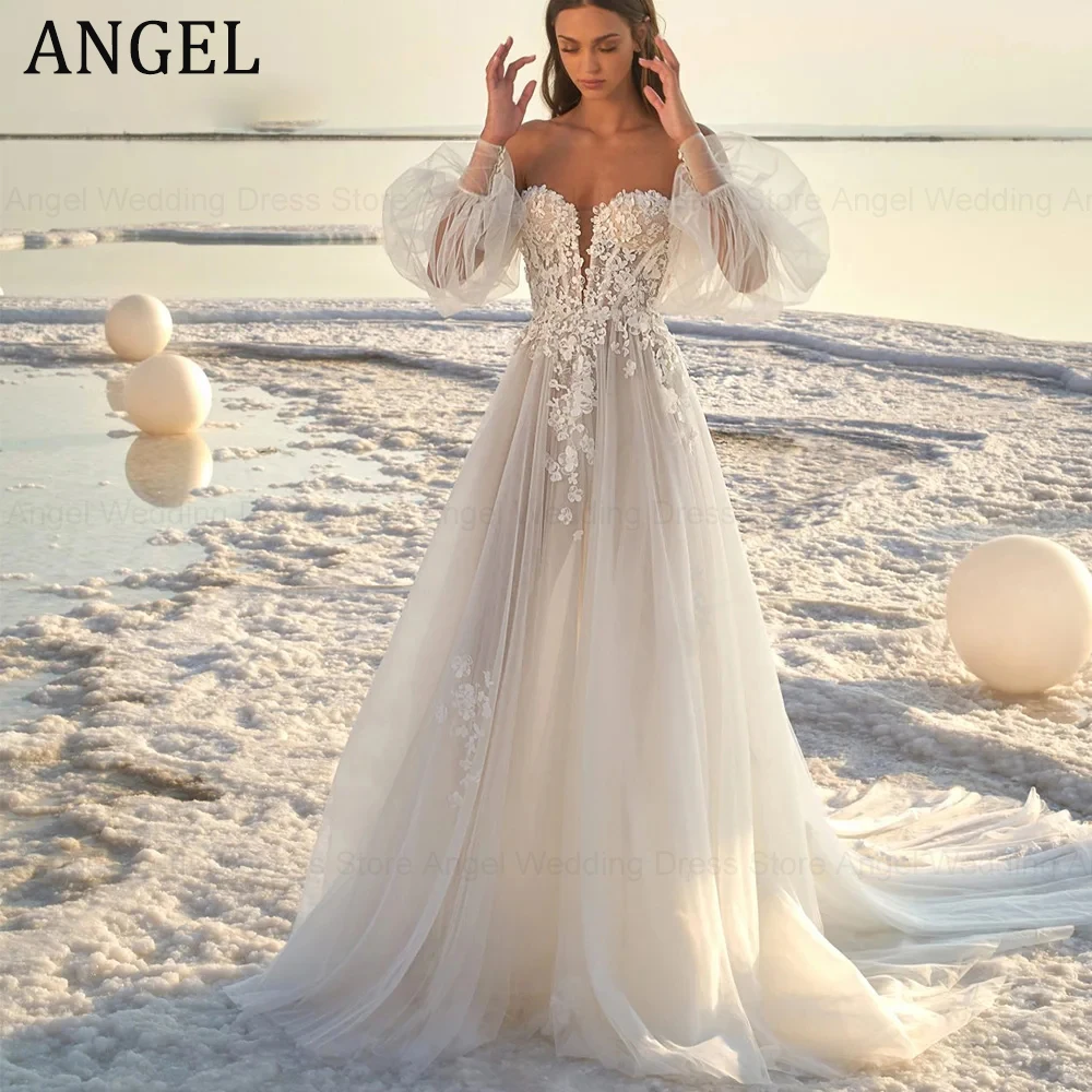 

ANGEL Stunning Beach Wedding Dress 2024 For Women Off Shoulder Princess Tulle Lace Puff Sleeves Sweep Train Civil Bride Gown