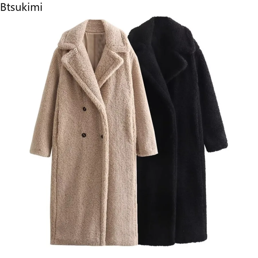 Women Teddy Fleece Long Overcoat Shawl Lapel Double Breasted Long Sleeve Pocket Thick Warm Elegant Vintage Streetwear Outerwear