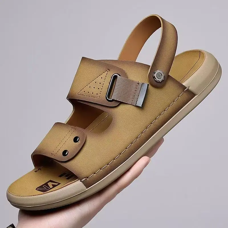 

Мужские летние новые кожаные сандалии-шлепанцы с открытым носком, мягкой подошвой, нескользящие, с защитой от запаха, для улицы и пляжа