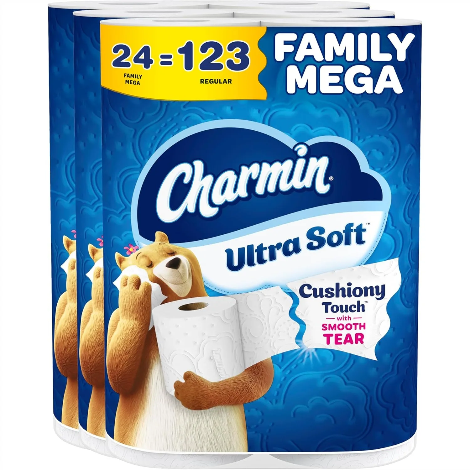 

Ultra Soft Cushiony Touch Toilet Paper, 24 Family Mega = 123 Regular Rolls, 2X Absorbent, Clog-Safe
