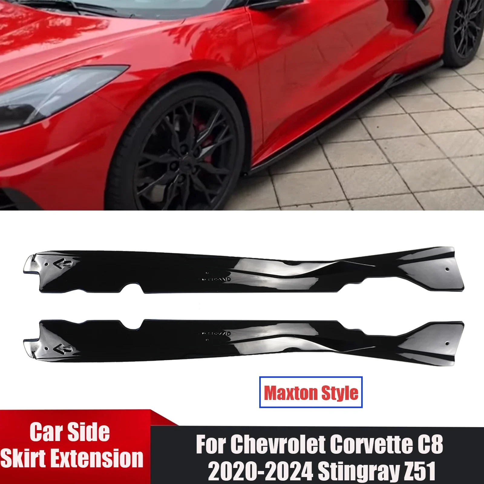 

Пара автомобильных боковых юбок для Chevrolet Corvette C8 2020-2024 Stingray Z51 Maxton Style Body Kit, аксессуары, глянцевый черный цвет