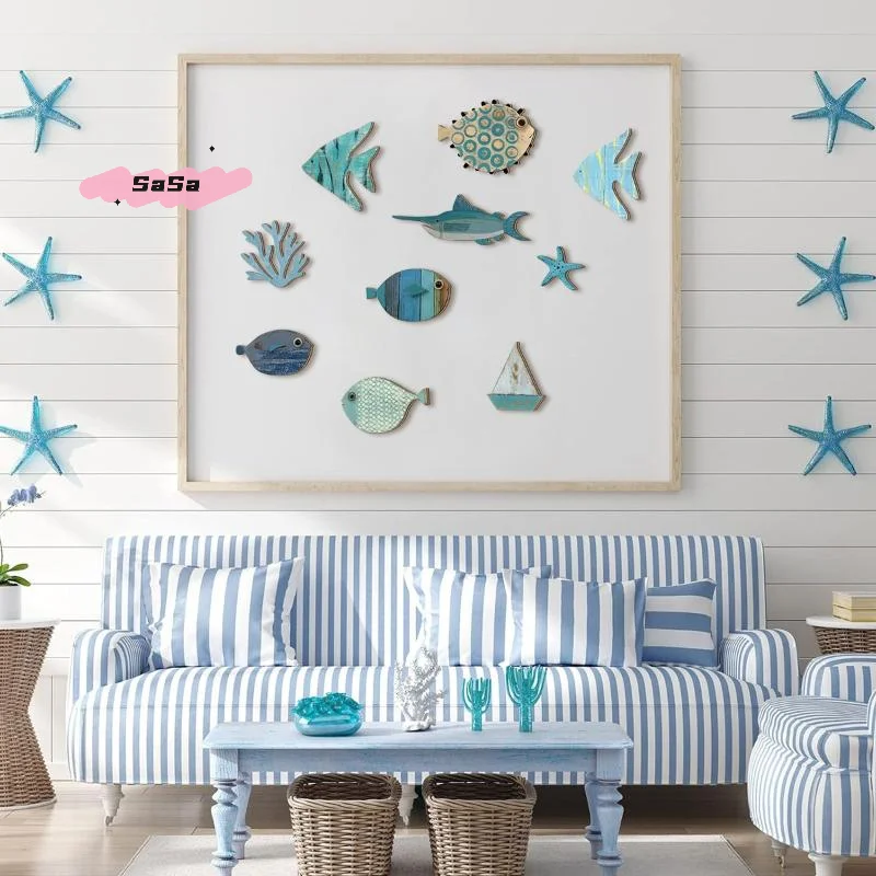 10 قطعة/المجموعة خشبية الأسماك جدار ديكور بحري الساحلية المحيط الفن الشاطئ موضوع معلقة الأسماك للحمام ديكور المنزل