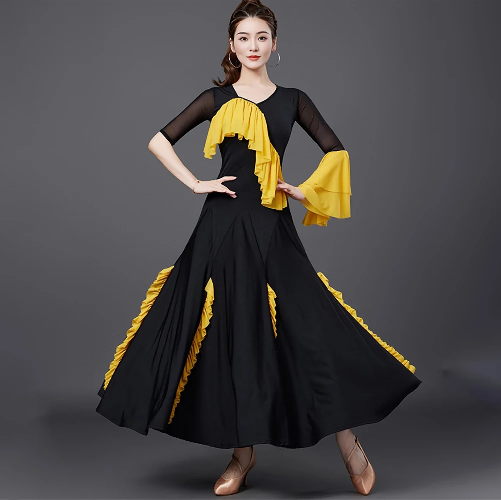 

Trumpet Cuff Evening Dress Red Waltz Competition Costume Yellow Mid-Sleeve Standard Ballroom dress Green Ruffled Large Dress