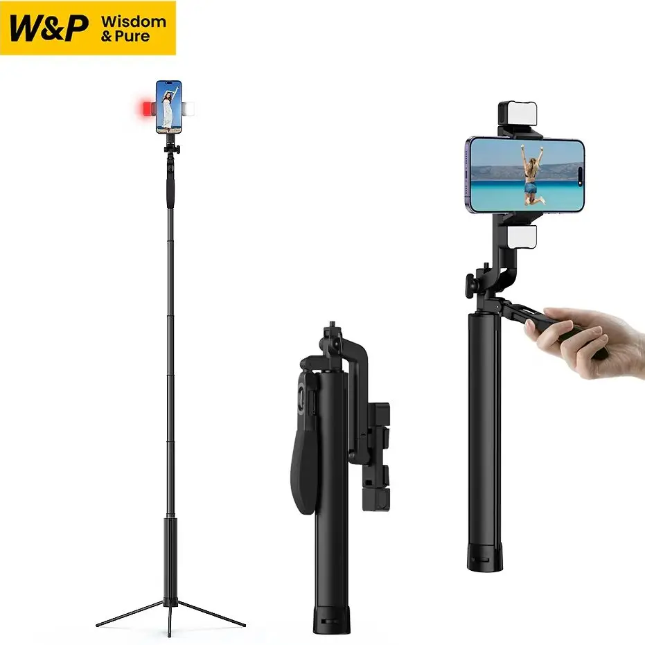 W&P Selfie Stick Tripod Long 66 Inch Extended Bluetooth Fill Light Stand Holder for iPhone Samsung Huawei Android Phone