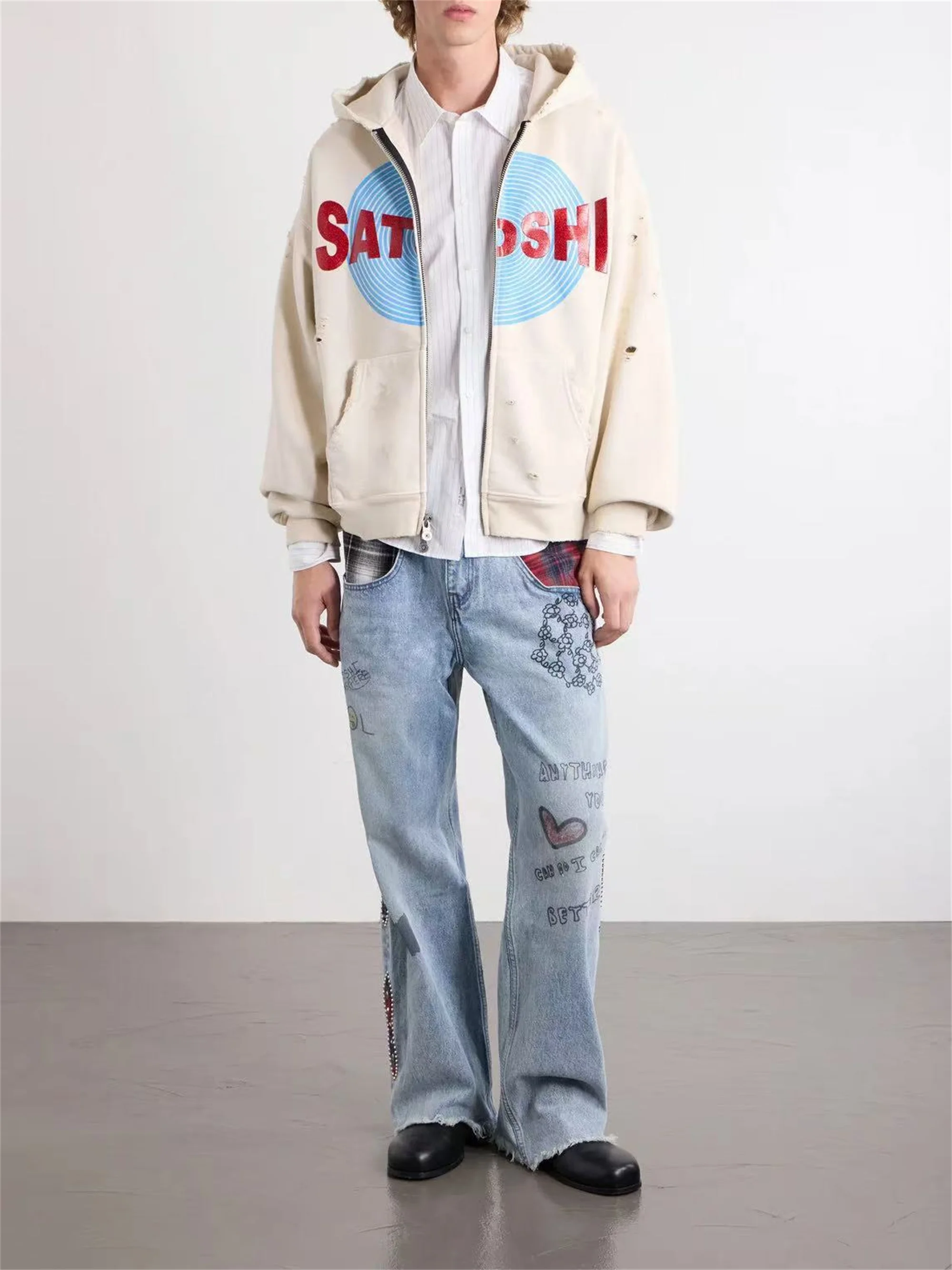 New Arrival Satoshi 26 SS Vintage Japanese Cotton Quality Printed Letter Loose Distressed Washed Zip-Up Hooded Sweatshirt
