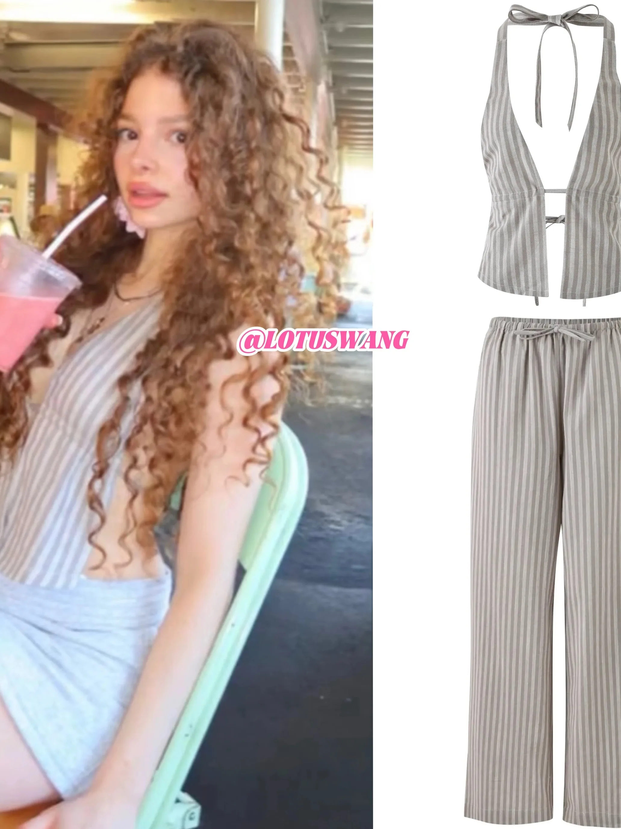 

Elegant Vacation Style Women's Outfit with Belt And Neck Hanging Top And Long Pants Casual Striped Set High Waist Pants