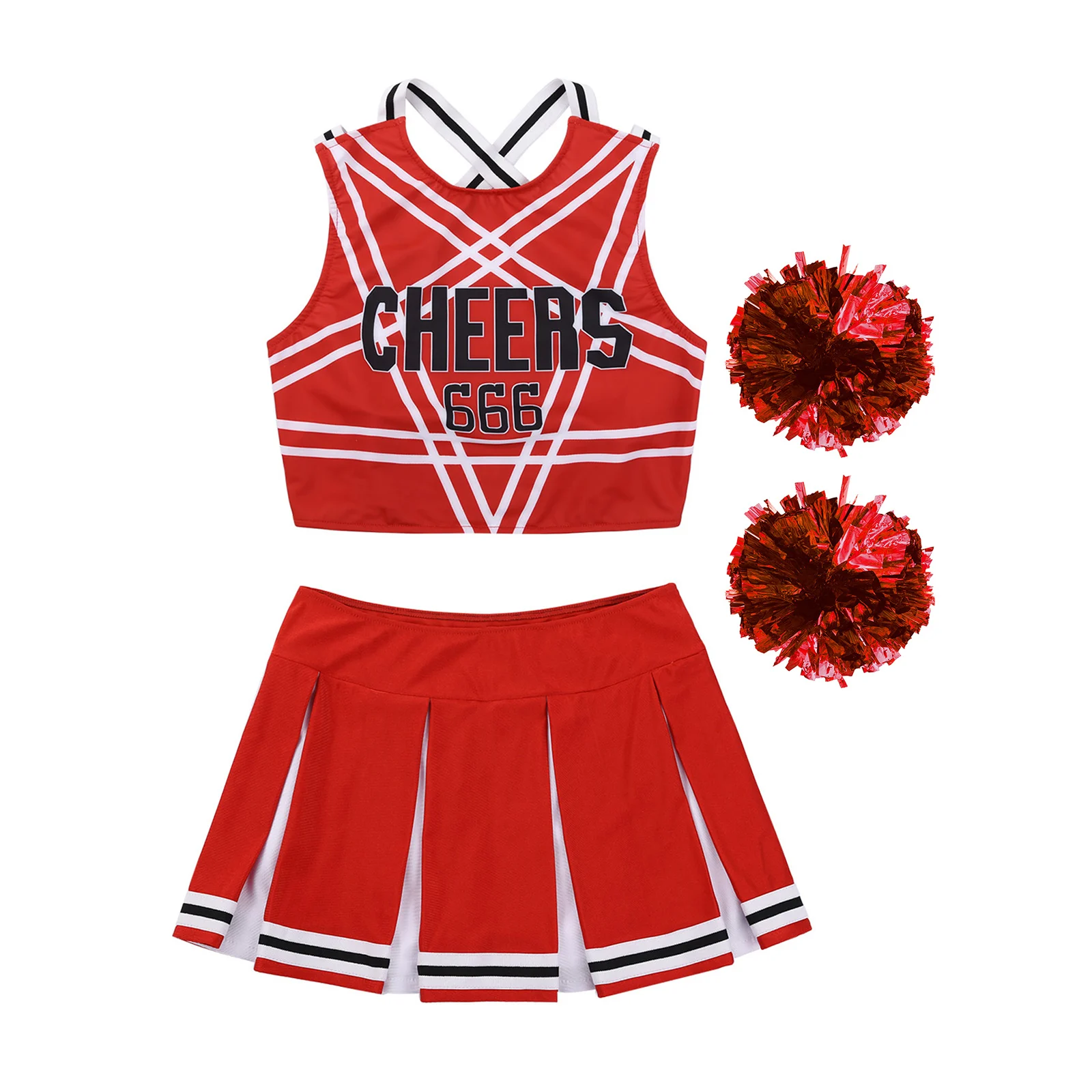 Women Cheerleading Dance Outfit Cheer Uniform Carnival Schoolgirls Cosplay Costume Sleeveless Crop Top with Skirt Flower Balls