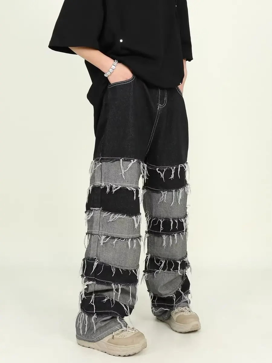 

Men American Streetwear Dark Aesthetic Patchwork Fringe Straight Wide Leg Jeans Vintage Vibe Hip-hop Casual Relaxed Long Pants