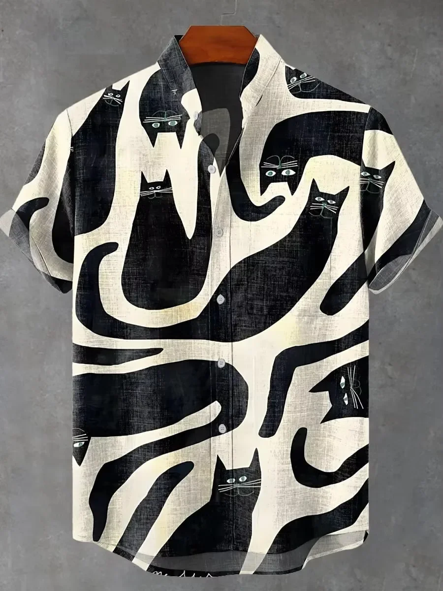 2026 Summer Men's Casual Shirt Graffiti Style Cute Cat Pattern Printed Short Sleeve Shirt Comfortable Daily Top