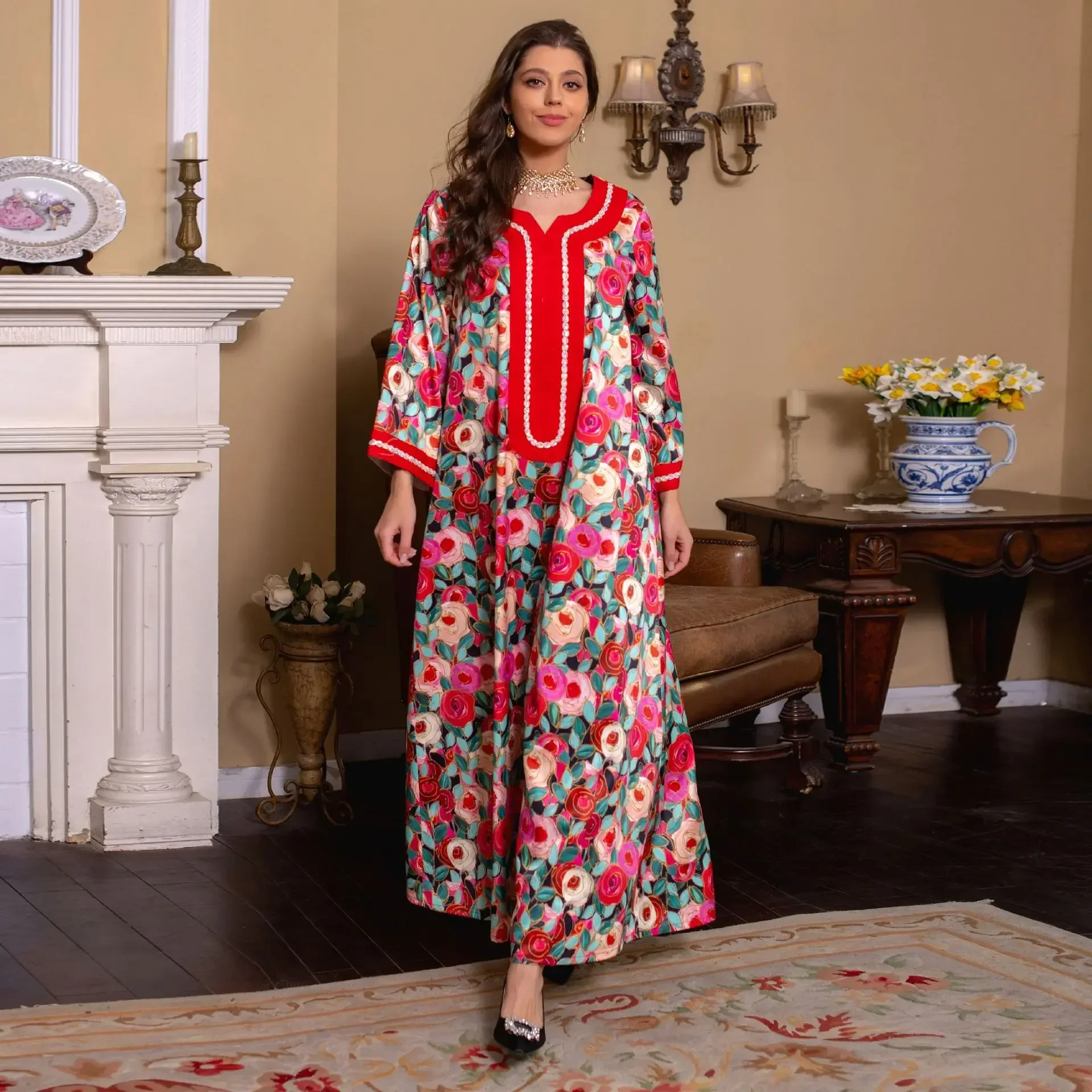 

Muslim Dress Women Elegant Print Maxi Dress Fashion Embroidery Dubai Abayas National Light Luxury Kaftan Muslim Islam Clothing