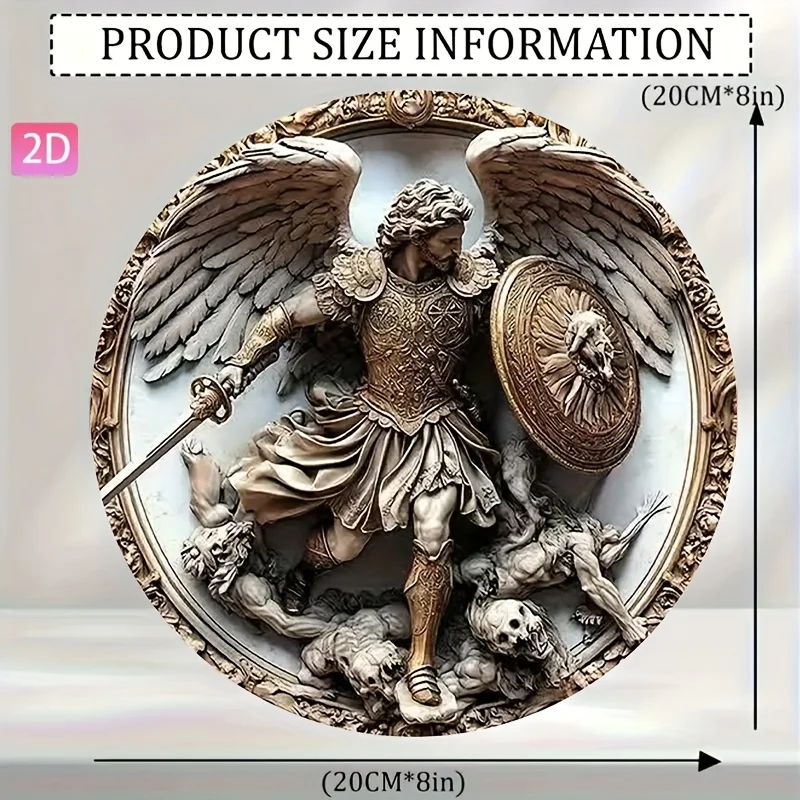 2D Flat - 1pc of 7.8-Inch Round Aluminum Wall Art Featuring Archangel Michael, Perfect for Vintage Decor in Various Settings Suc