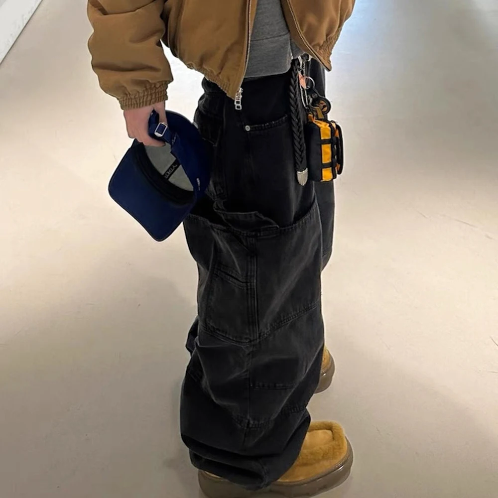 خمر غسلها حلقة مزدوجة جيب كبير صورة ظلية السراويل البضائع غير رسمية للرجال مستقيم الهيب هوب روبا هومبر السراويل الفضفاضة