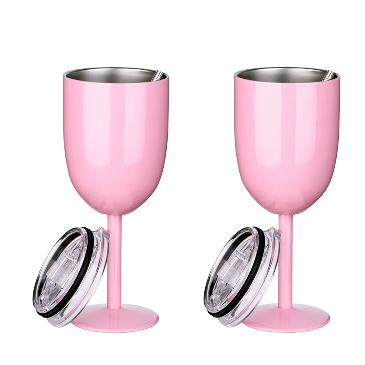 

A96Q-2PCS Insulated Pink Wine Glasses Double Wall Food Grade Stainless Steel Travel Wine Cup with Leak Proof Lid for Adult